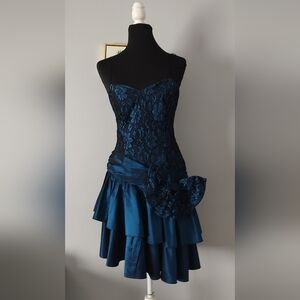 All that Jazz Girls Strapless Dress Vintage Color Night Blue Taffeta Size 9-10